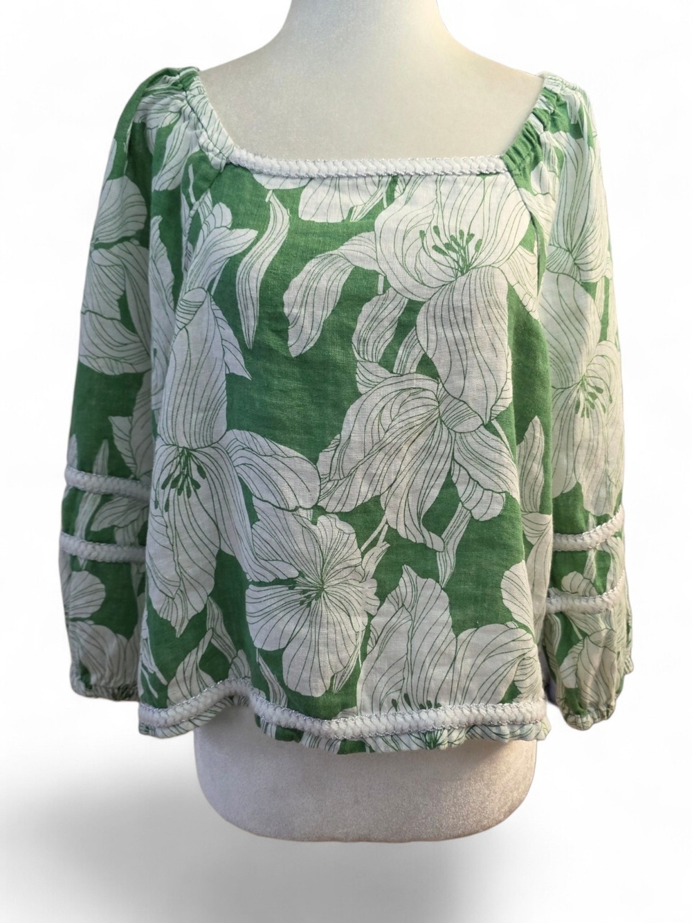 Tahari Green and White Floral Peasant Blouse